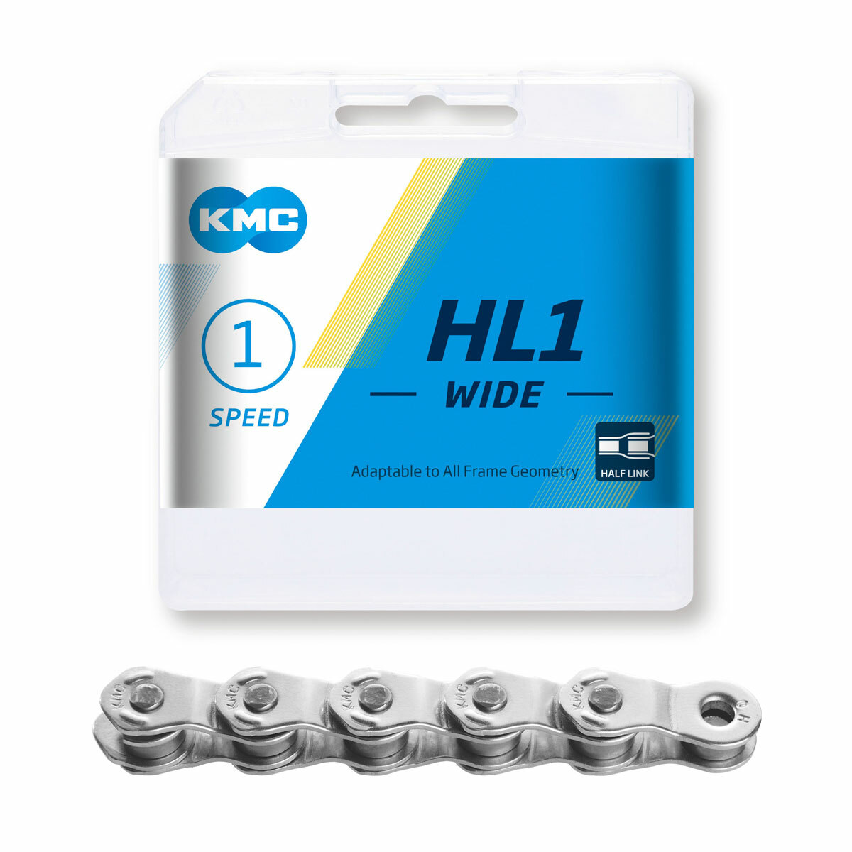 Цепь 1ск KMC HL1 Wide Silver 1/2"х1/8" 100зв. 9,4мм, повыш. прочности (до 1050кг), BMX